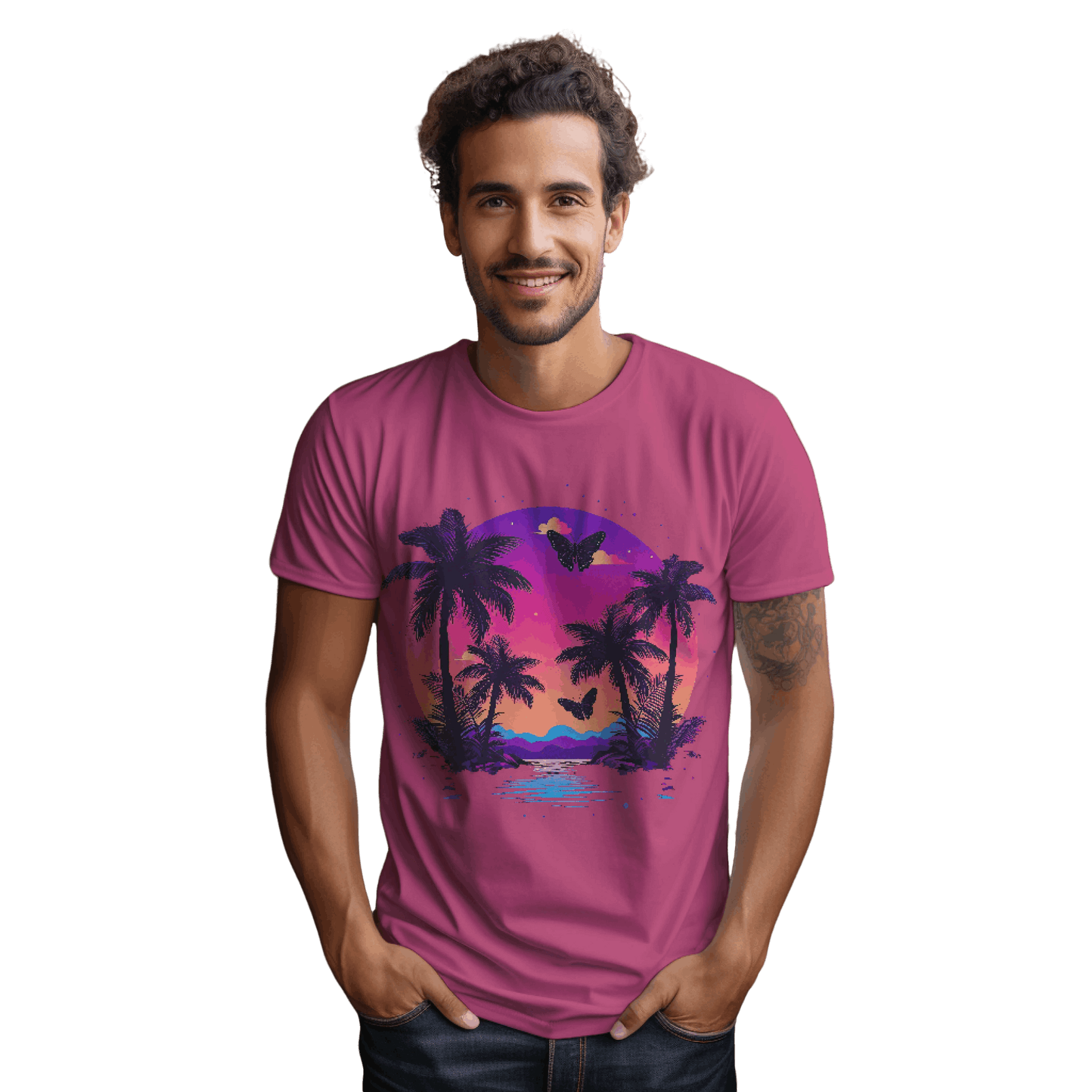 Tropical Sunset T-Shirt with Palm Trees and Colorful Butterflies Berry