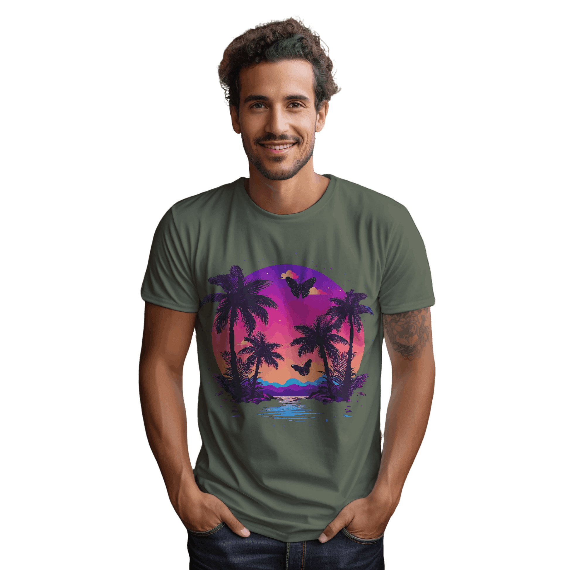 Tropical Sunset T-Shirt with Palm Trees and Colorful Butterflies Military Green