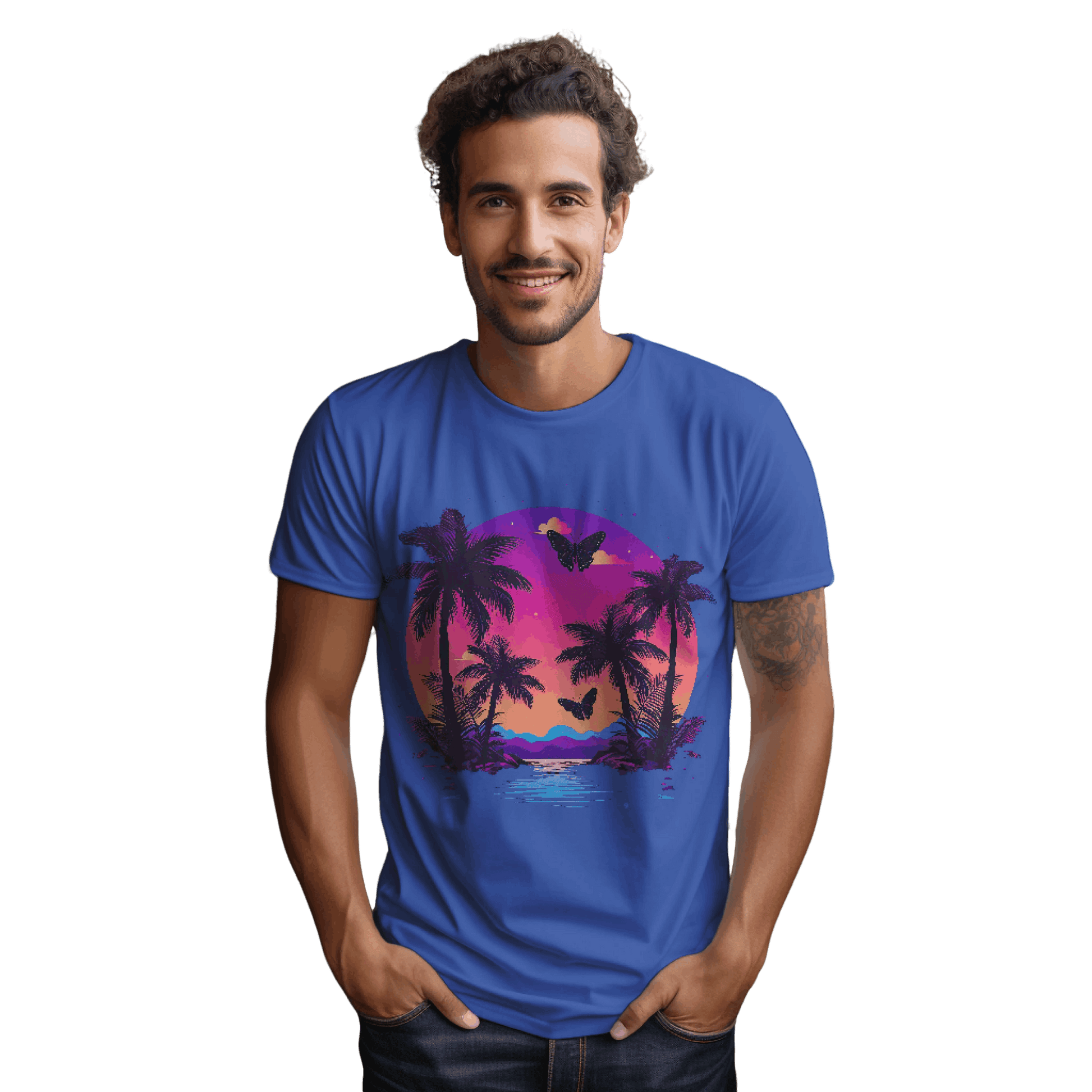 Tropical Sunset T-Shirt with Palm Trees and Colorful Butterflies True Royal