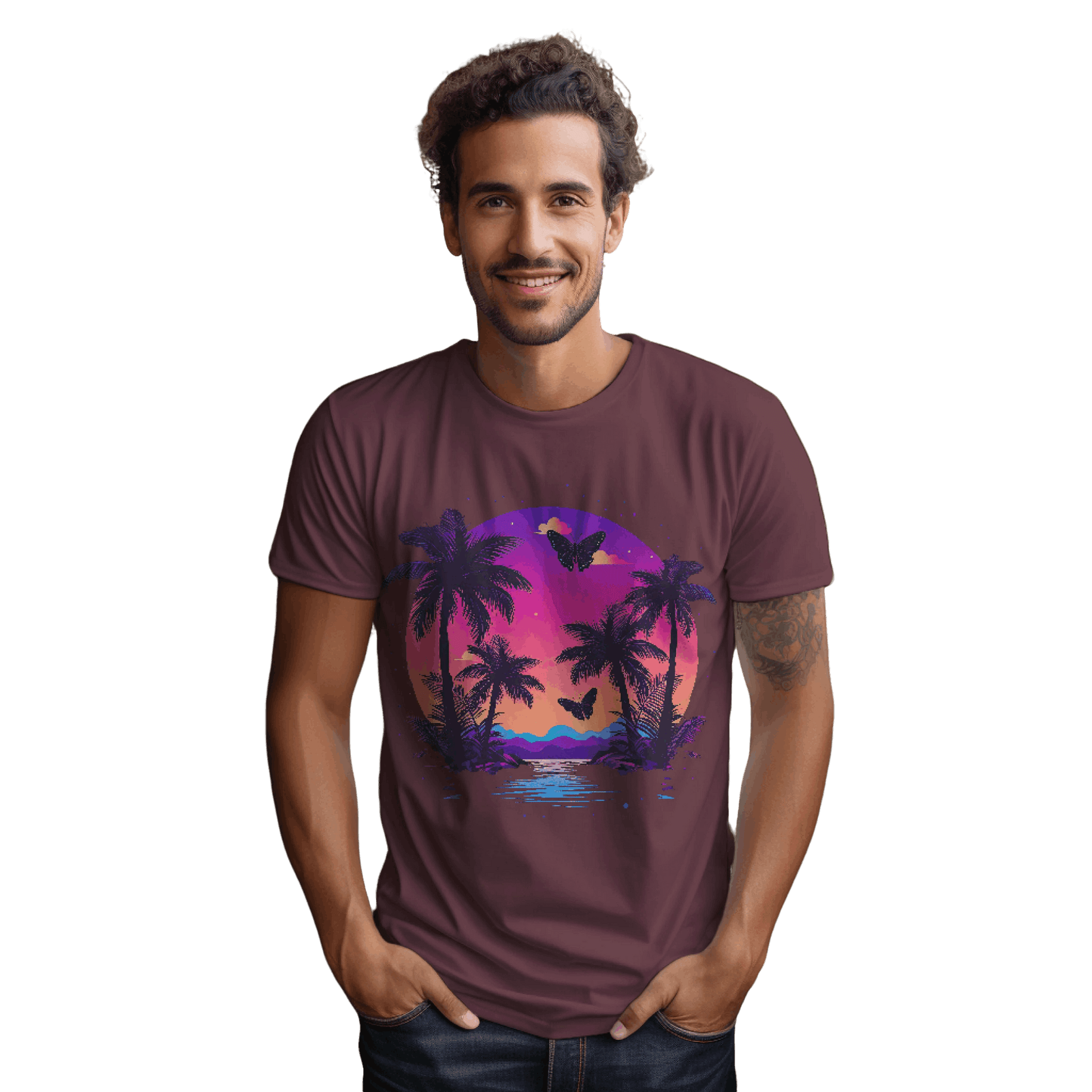 Tropical Sunset T-Shirt with Palm Trees and Colorful Butterflies Maroon