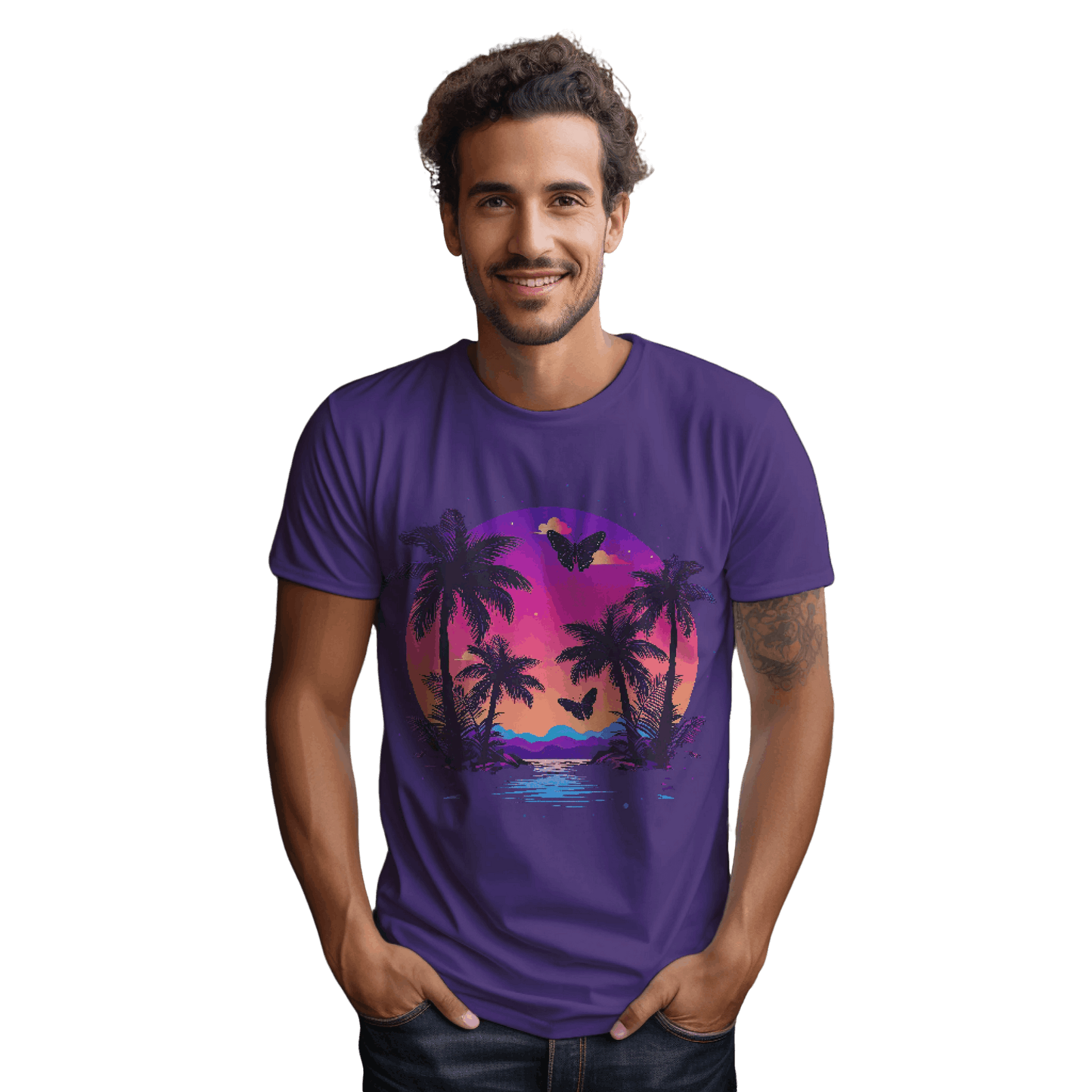 Tropical Sunset T-Shirt with Palm Trees and Colorful Butterflies Team Purple