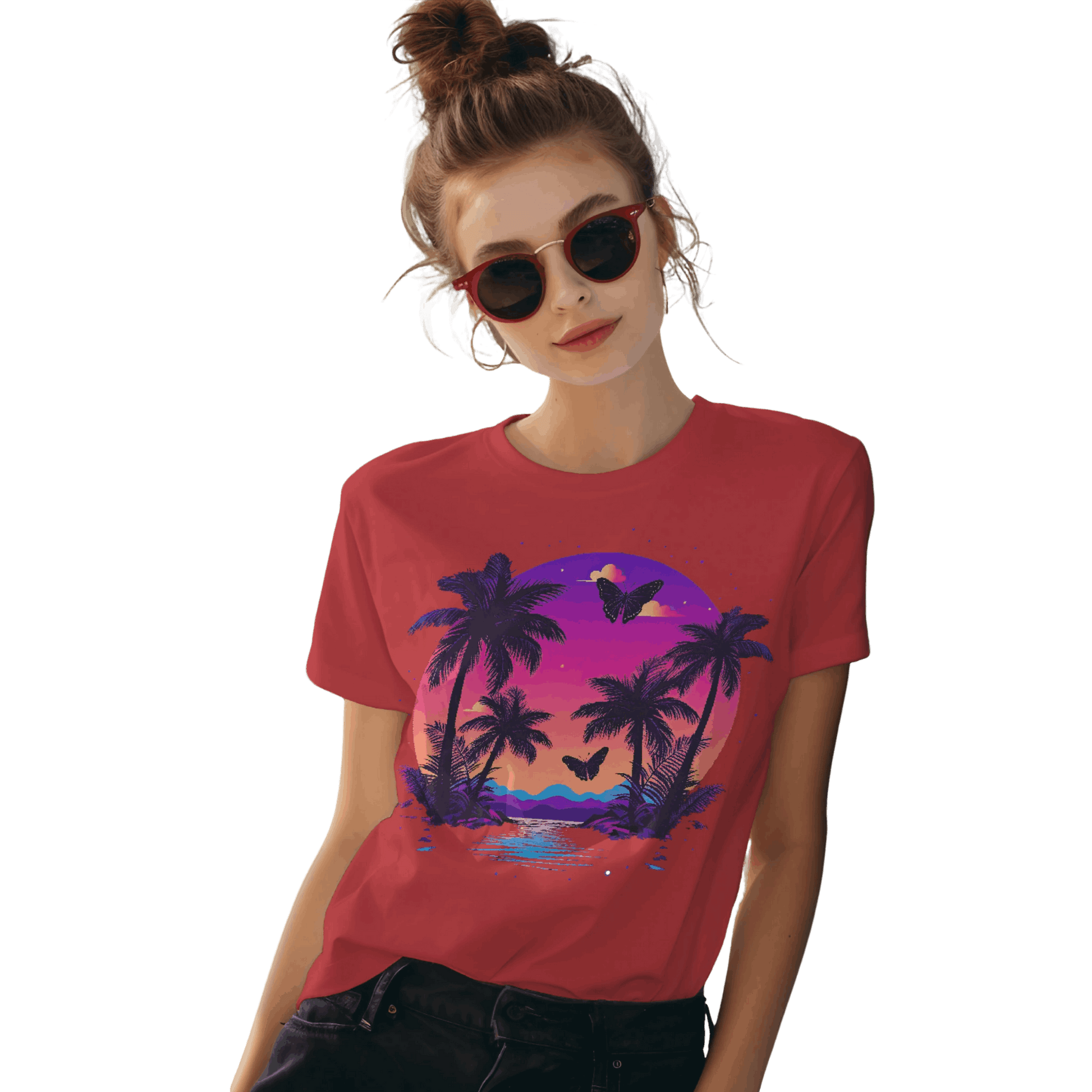 Tropical Sunset T-Shirt with Palm Trees and Colorful Butterflies