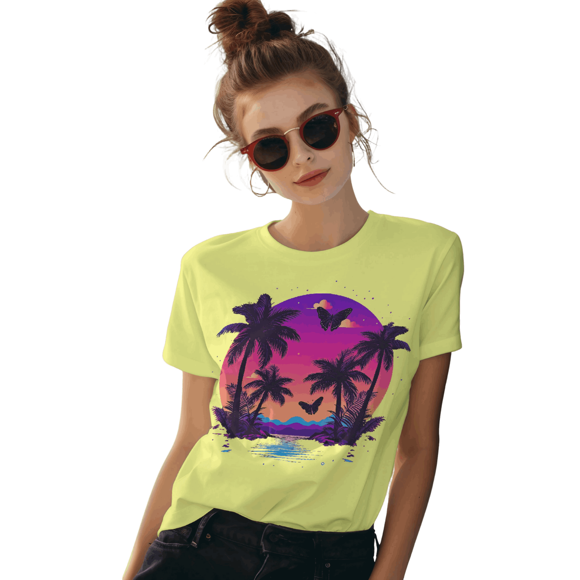 Tropical Sunset T-Shirt with Palm Trees and Colorful Butterflies