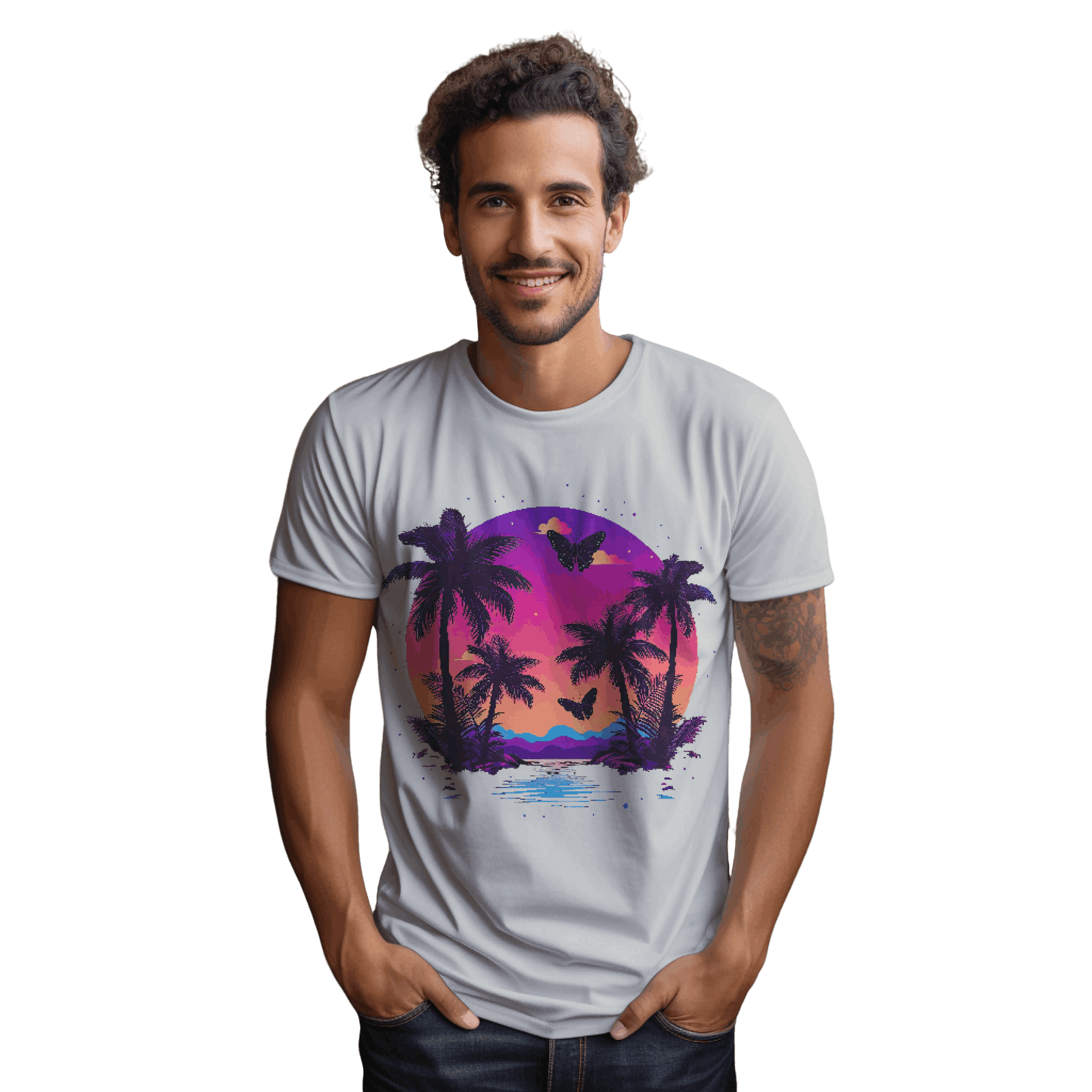 Tropical Sunset T-Shirt with Palm Trees and Colorful Butterflies Silver