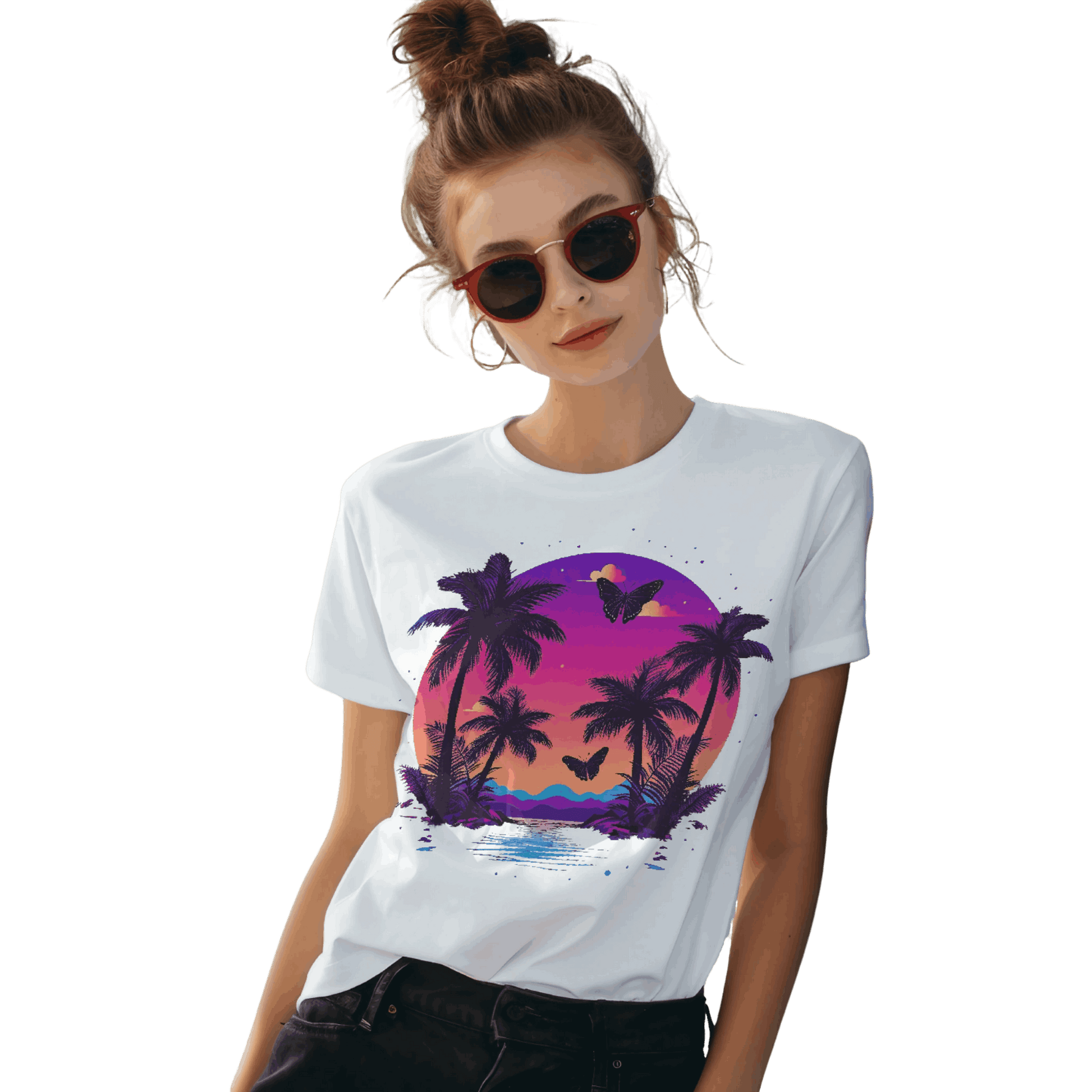 Tropical Sunset T-Shirt with Palm Trees and Colorful Butterflies