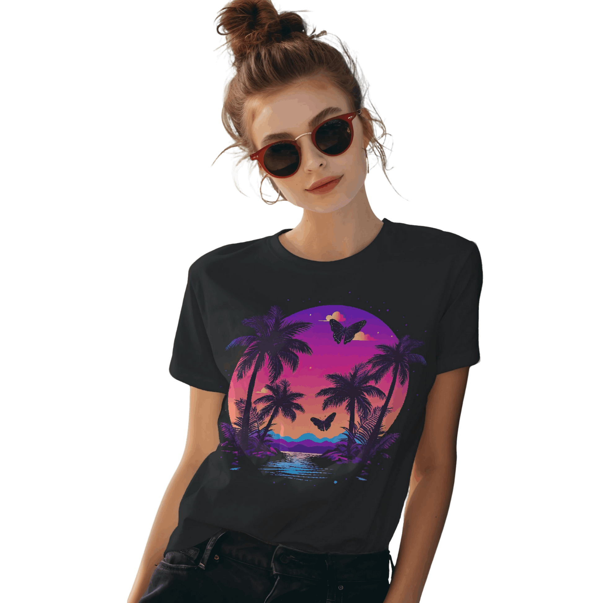 Tropical Sunset T-Shirt with Palm Trees and Colorful Butterflies