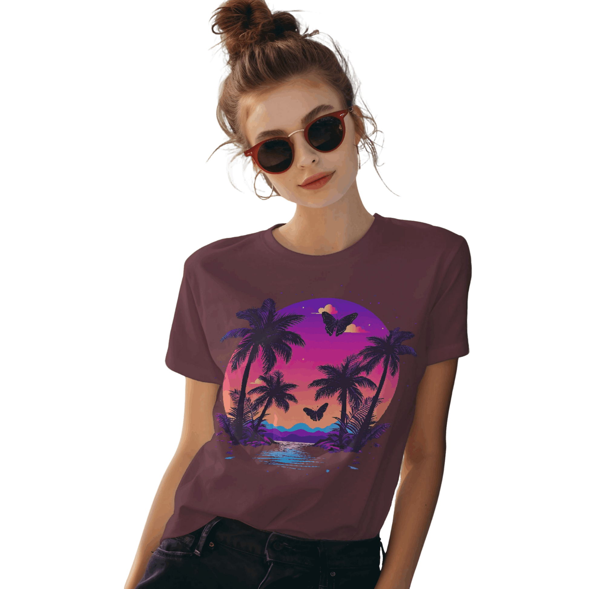 Tropical Sunset T-Shirt with Palm Trees and Colorful Butterflies