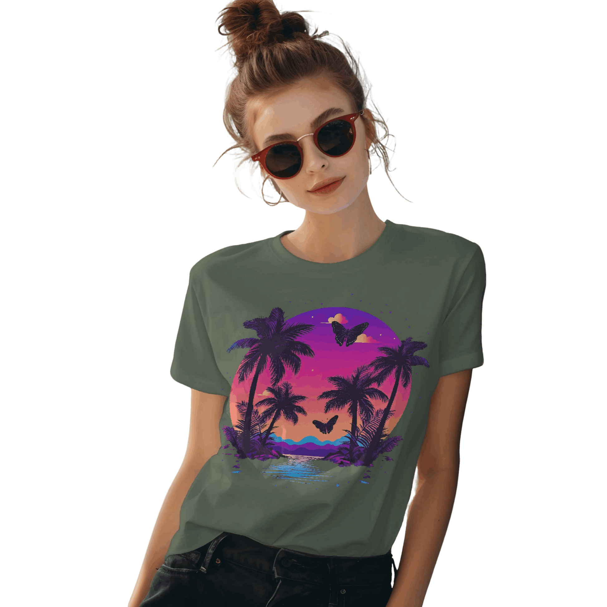 Tropical Sunset T-Shirt with Palm Trees and Colorful Butterflies