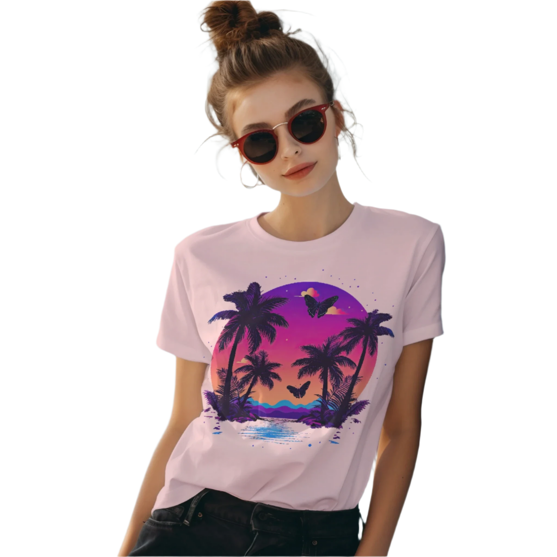 Tropical Sunset T-Shirt with Palm Trees and Colorful Butterflies