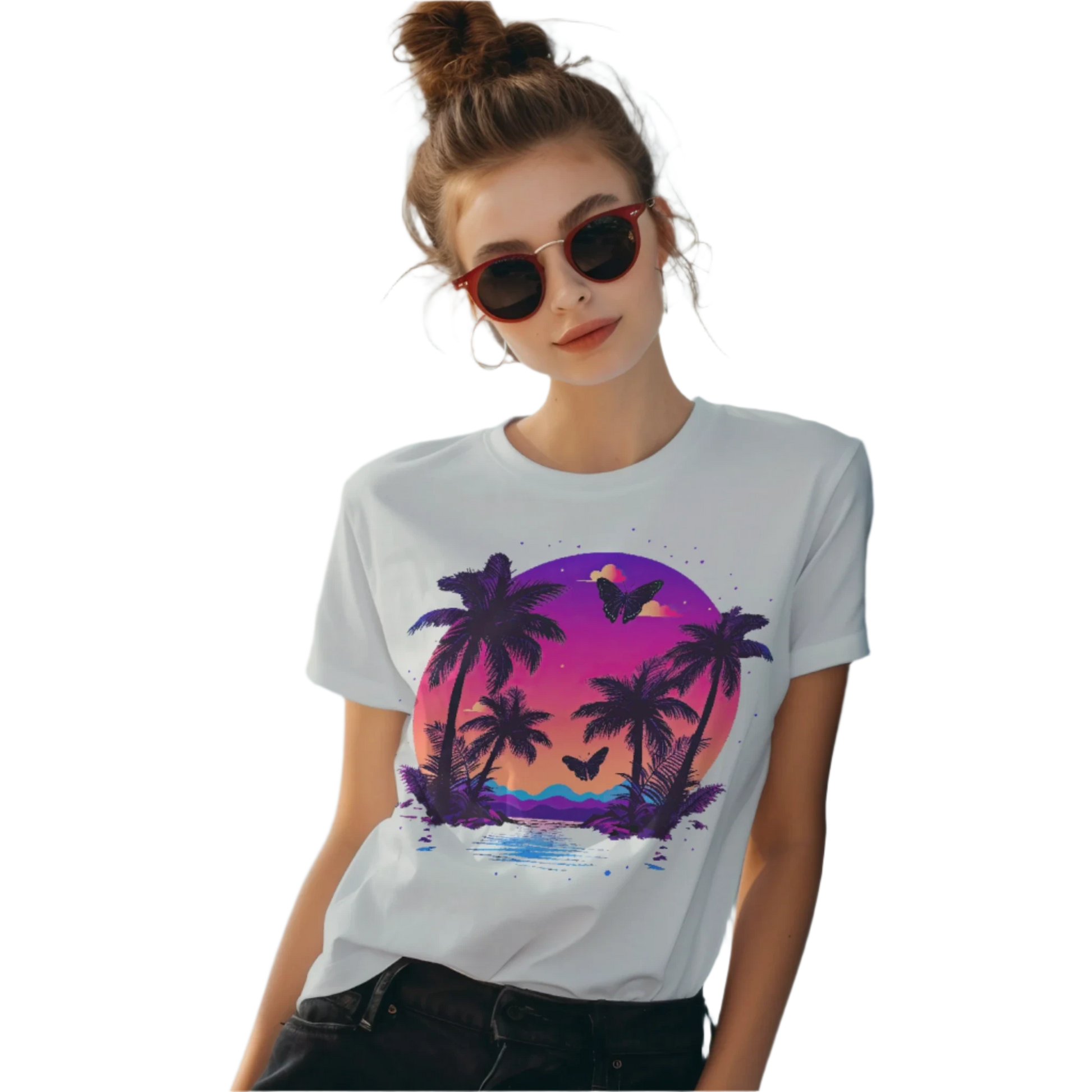 Tropical Sunset T-Shirt with Palm Trees and Colorful Butterflies