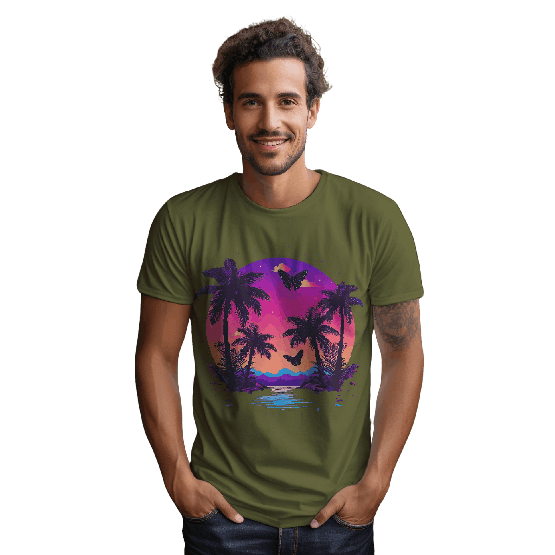 Tropical Sunset T-Shirt with Palm Trees and Colorful Butterflies Olive