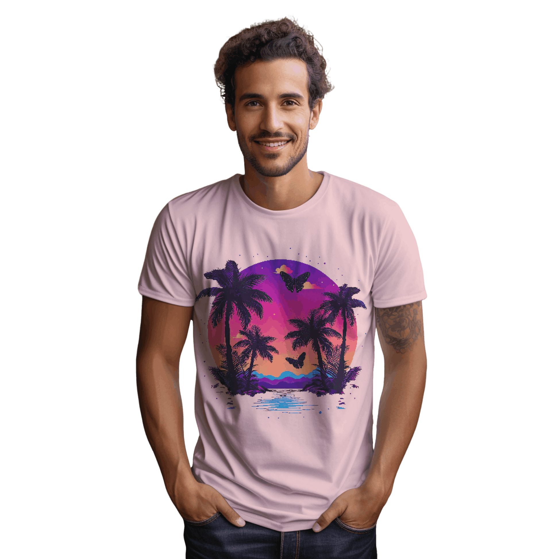 Tropical Sunset T-Shirt with Palm Trees and Colorful Butterflies Pink