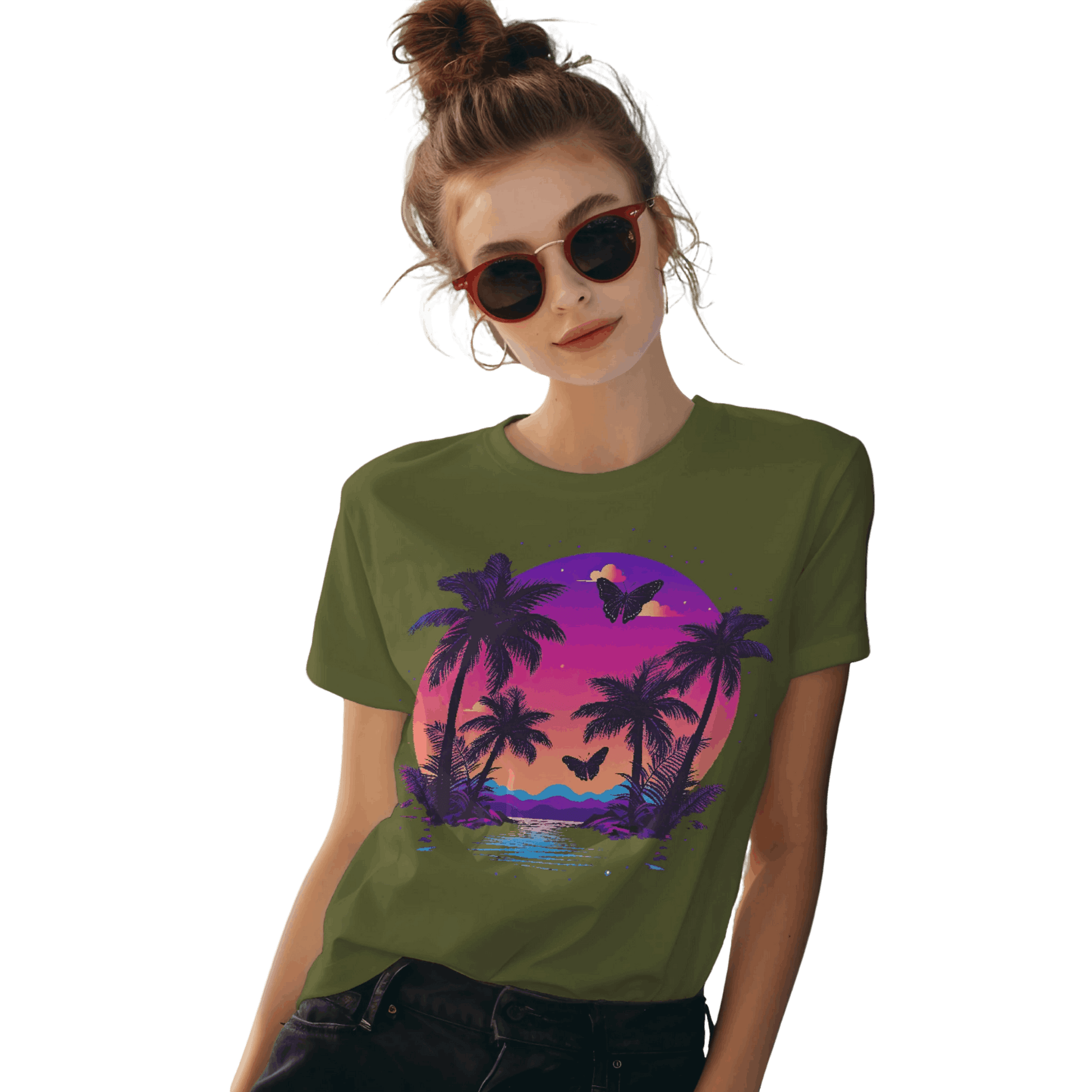 Tropical Sunset T-Shirt with Palm Trees and Colorful Butterflies