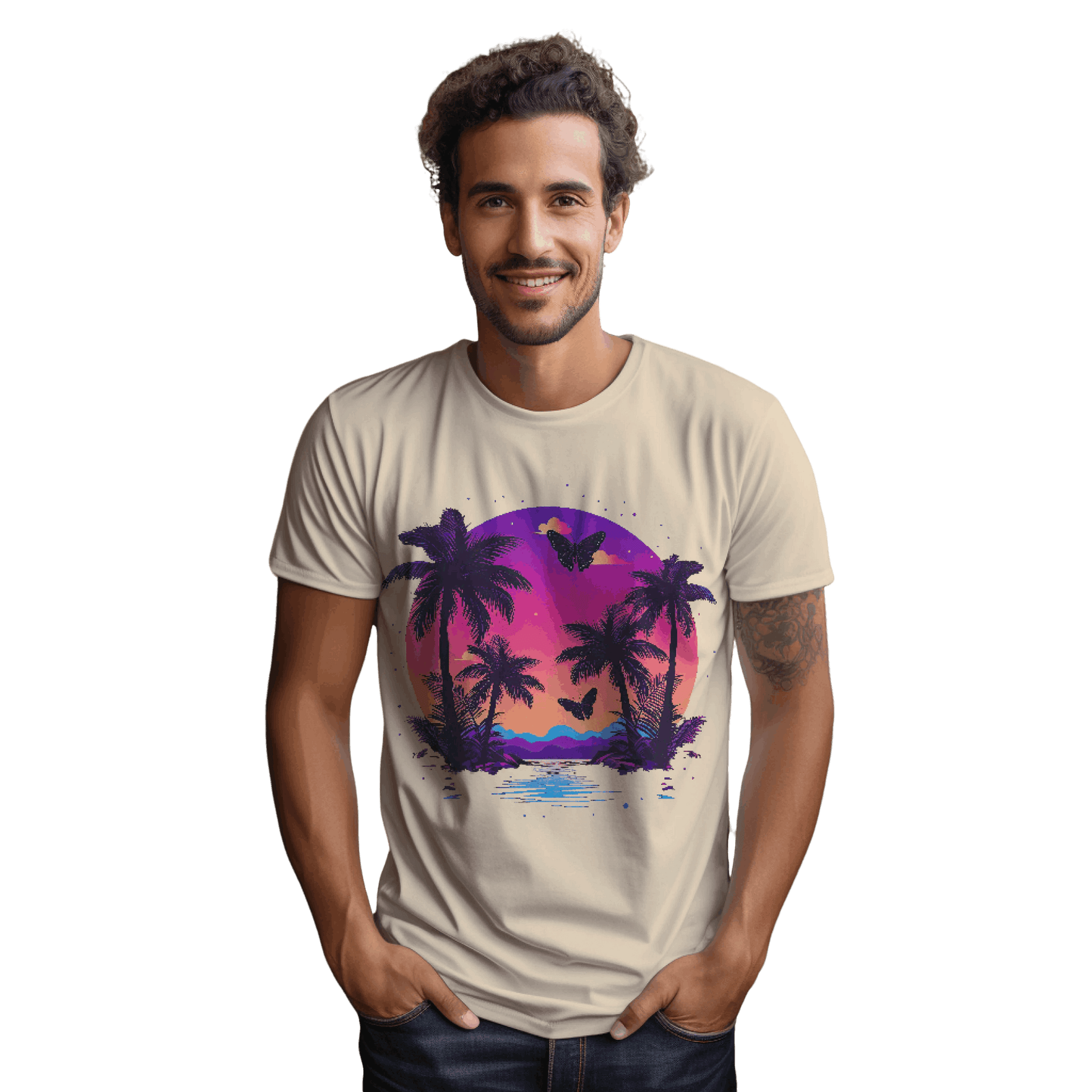 Tropical Sunset T-Shirt with Palm Trees and Colorful Butterflies Soft Cream