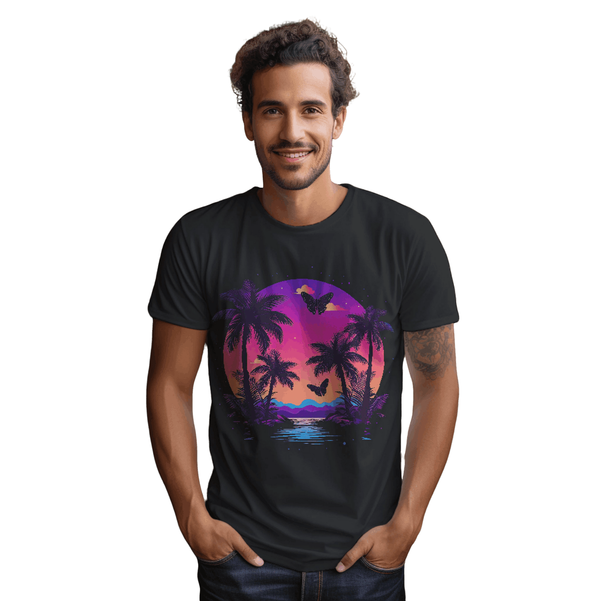 Tropical Sunset T-Shirt with Palm Trees and Colorful Butterflies Black