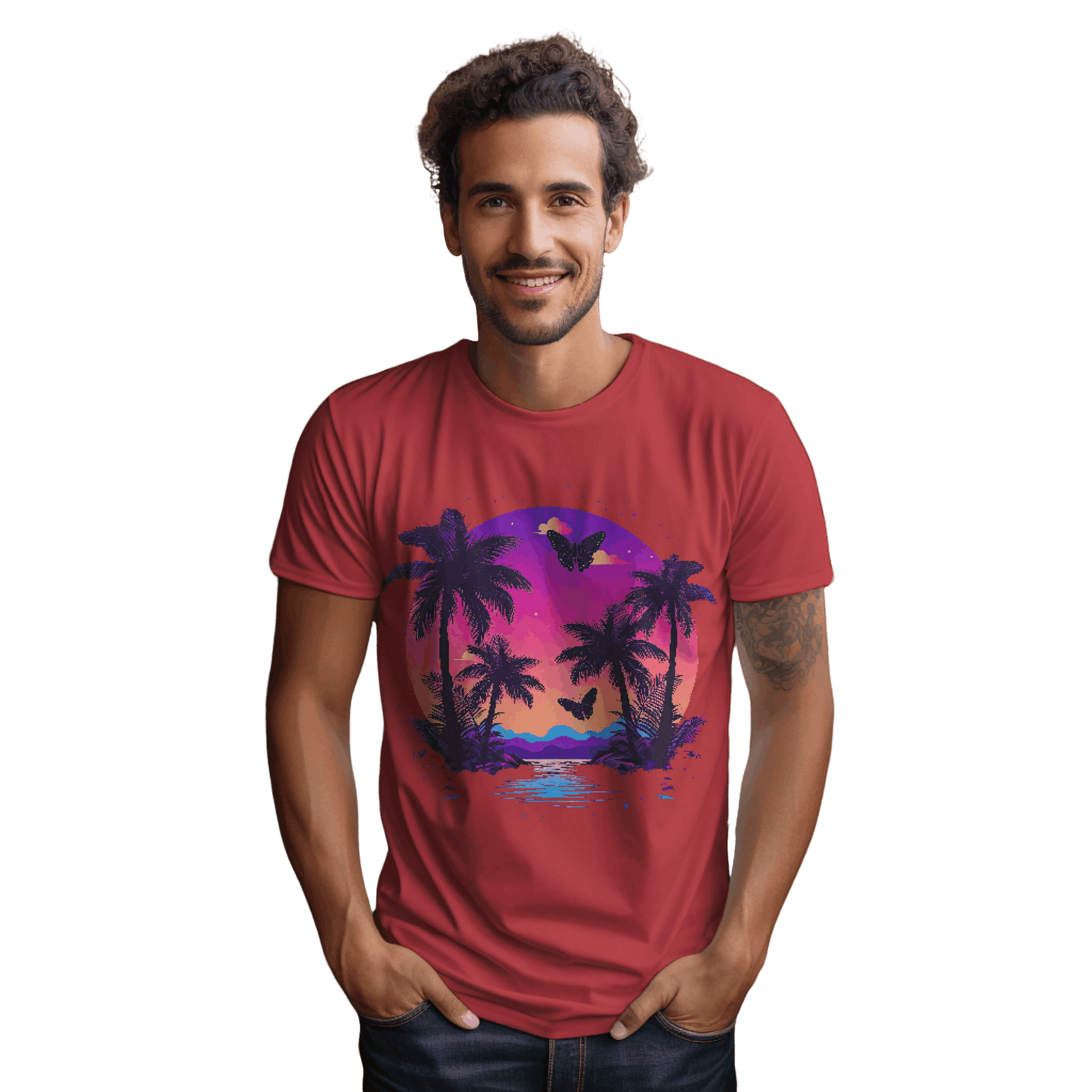 Tropical Sunset T-Shirt with Palm Trees and Colorful Butterflies Red