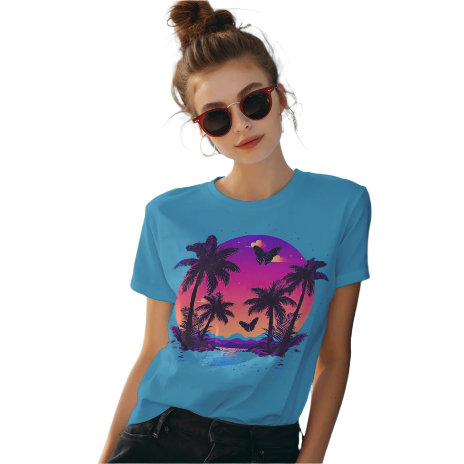 Tropical Sunset T-Shirt with Palm Trees and Colorful Butterflies