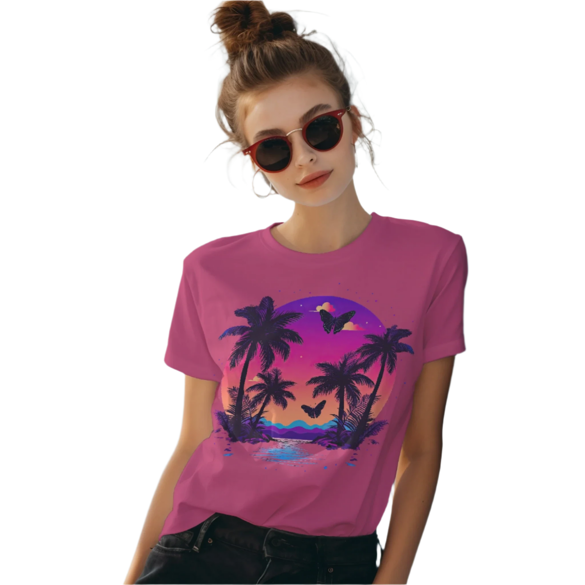 Tropical Sunset T-Shirt with Palm Trees and Colorful Butterflies