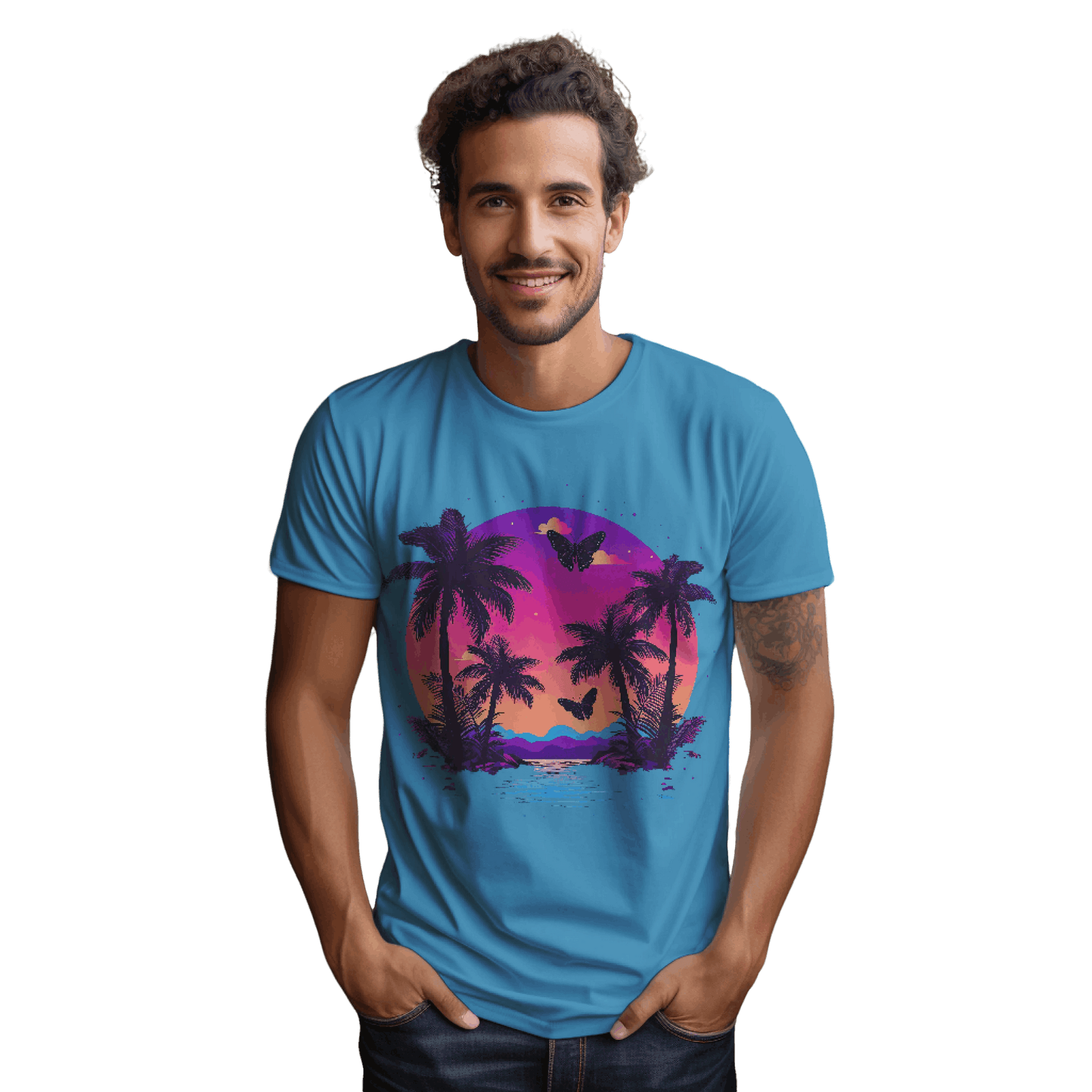 Tropical Sunset T-Shirt with Palm Trees and Colorful Butterflies Aqua