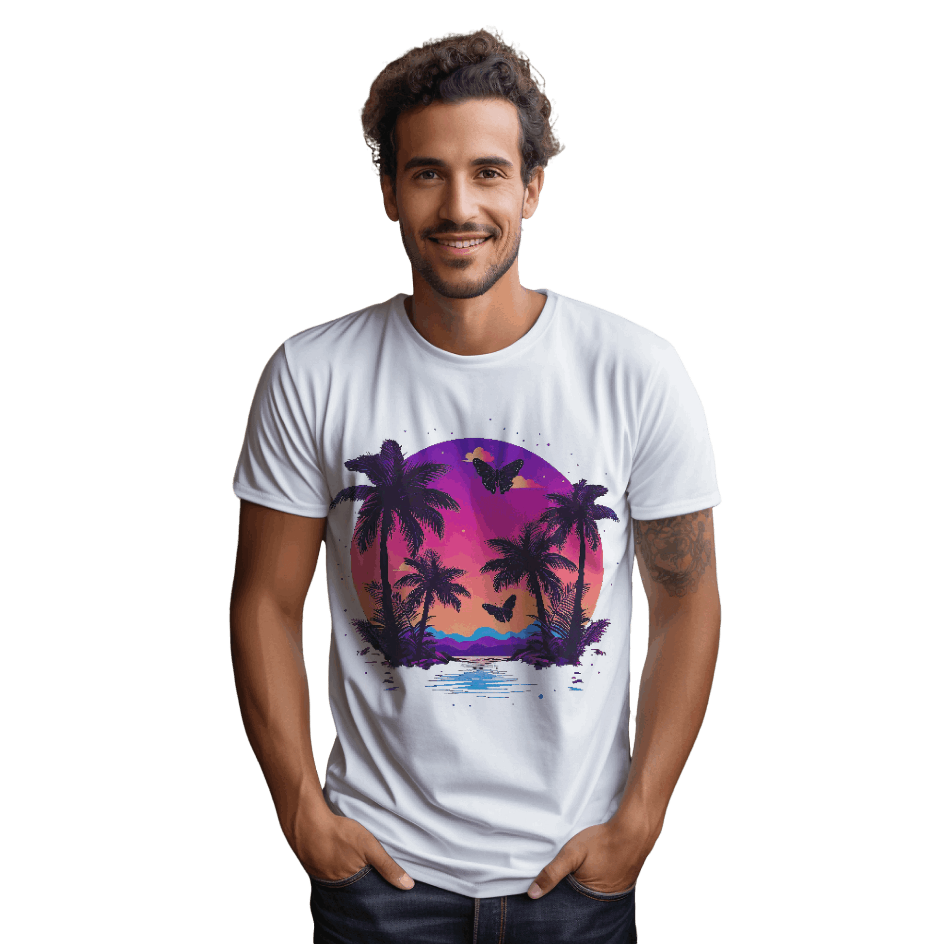 Tropical Sunset T-Shirt with Palm Trees and Colorful Butterflies Natural