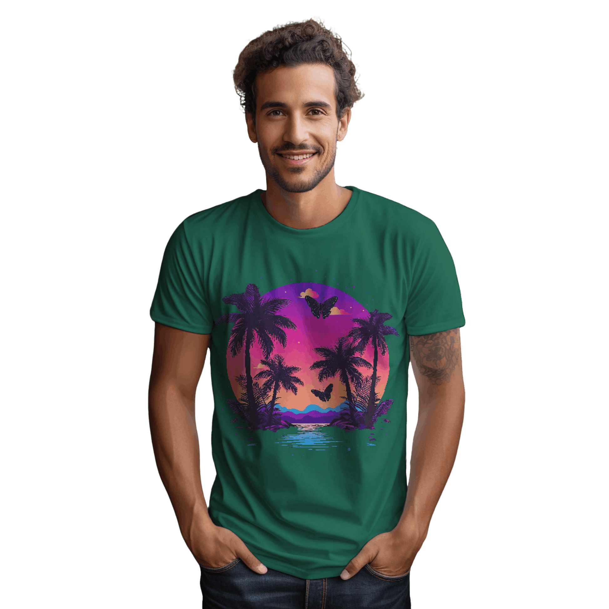 Tropical Sunset T-Shirt with Palm Trees and Colorful Butterflies Kelly