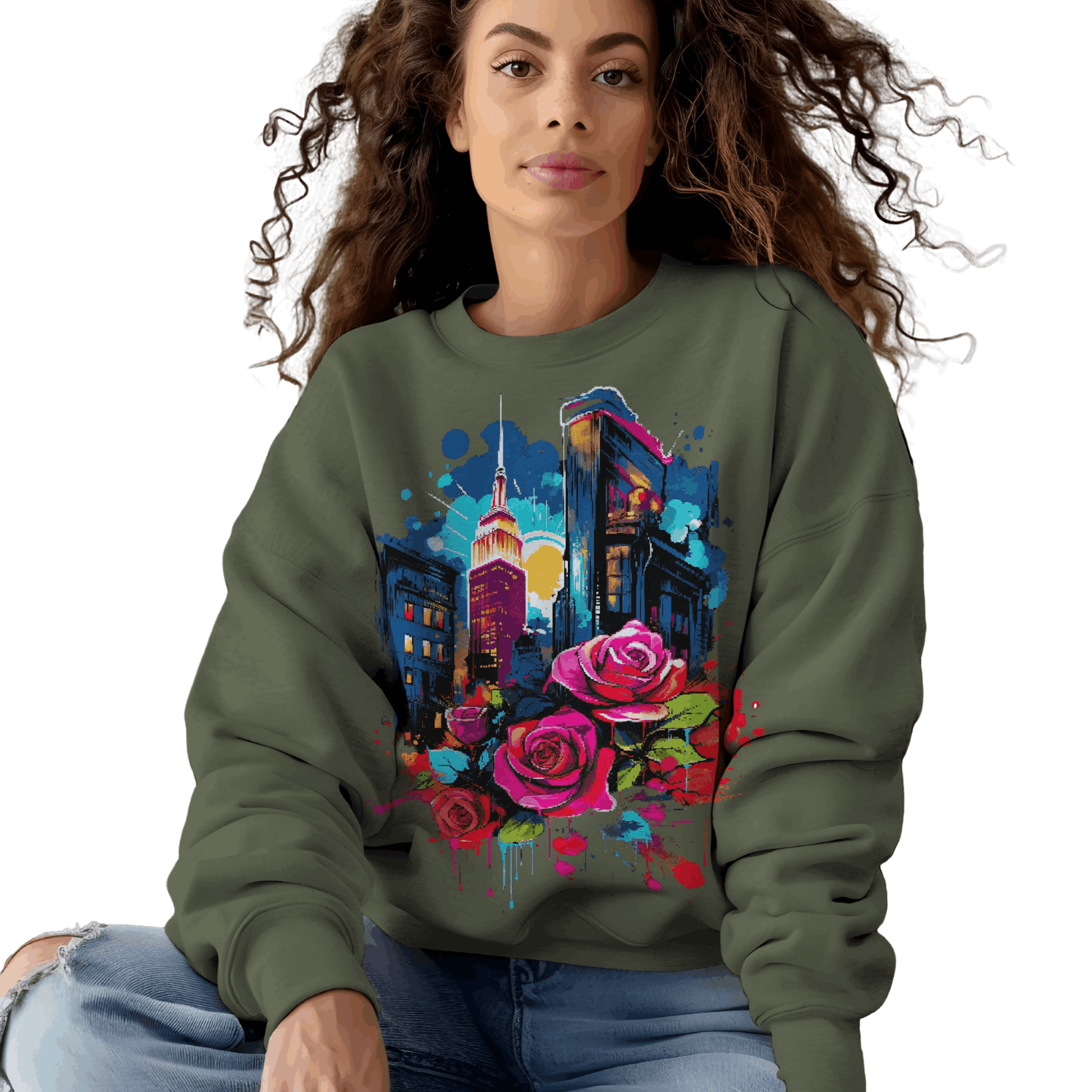 Unisex Urban Bloom Crewneck Sweatshirt for a Stylish Statement Military Green