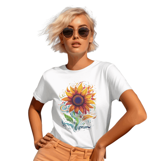 Vibrant Sunflower and Rainbow Flowers T-Shirt for a Colorful Look White