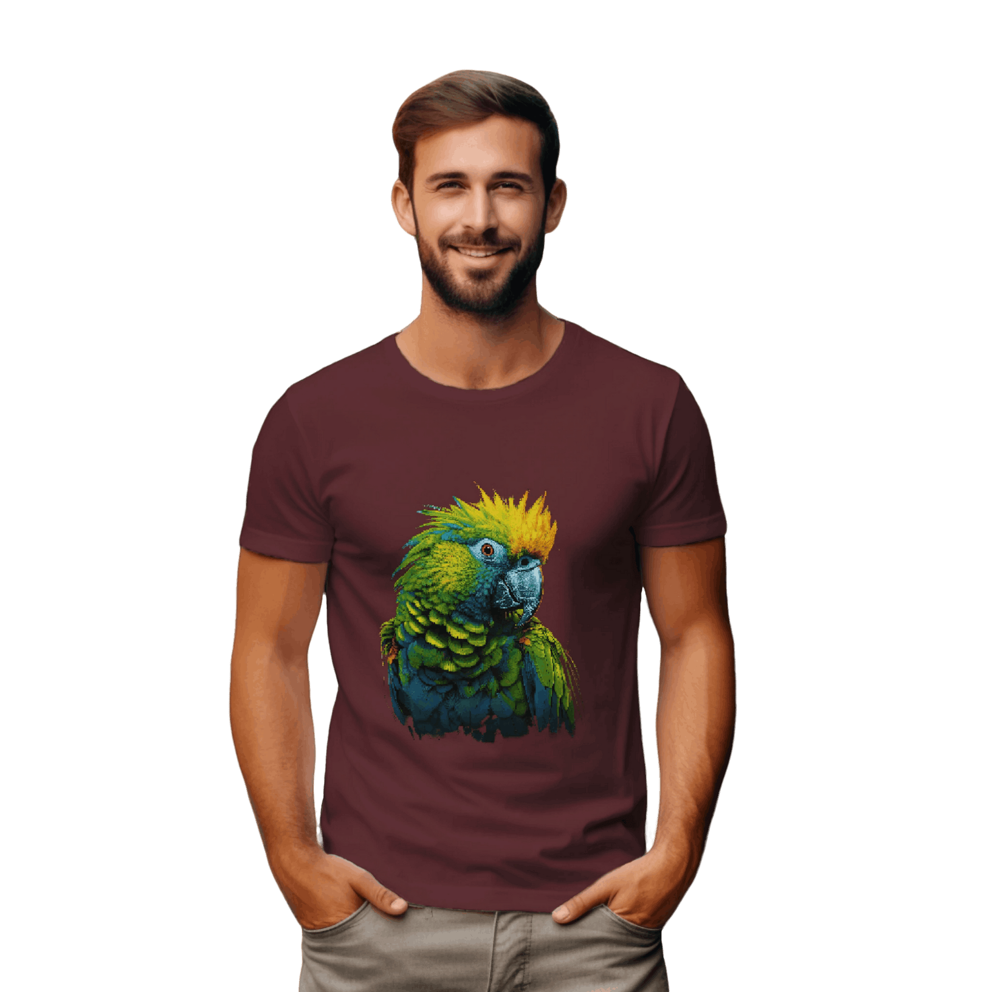 Vibrant Tropical Parrot T-Shirt: Wear a Piece of Paradise Maroon