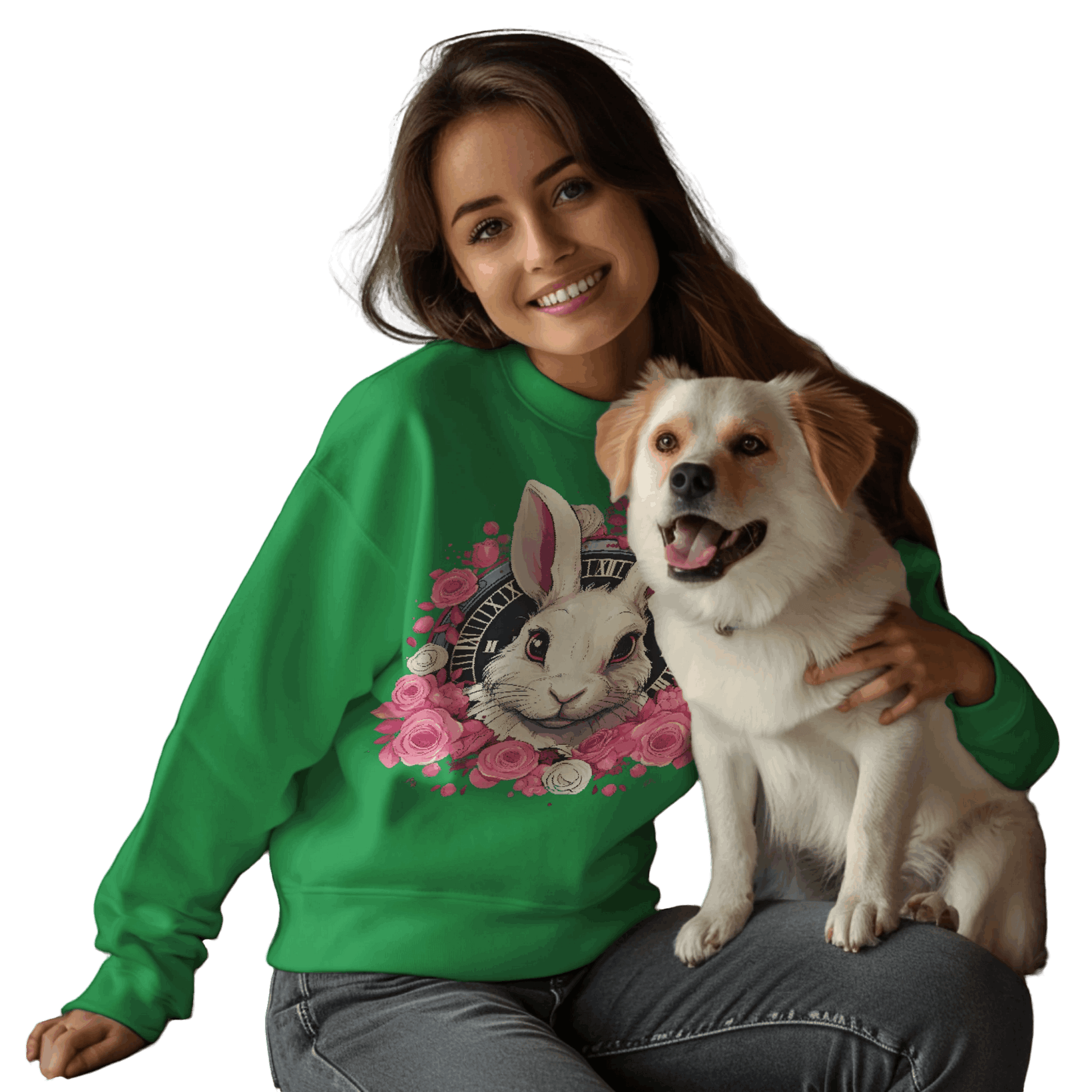 Whimsical White Rabbit Sweatshirt for Fantasy Lovers Irish Green