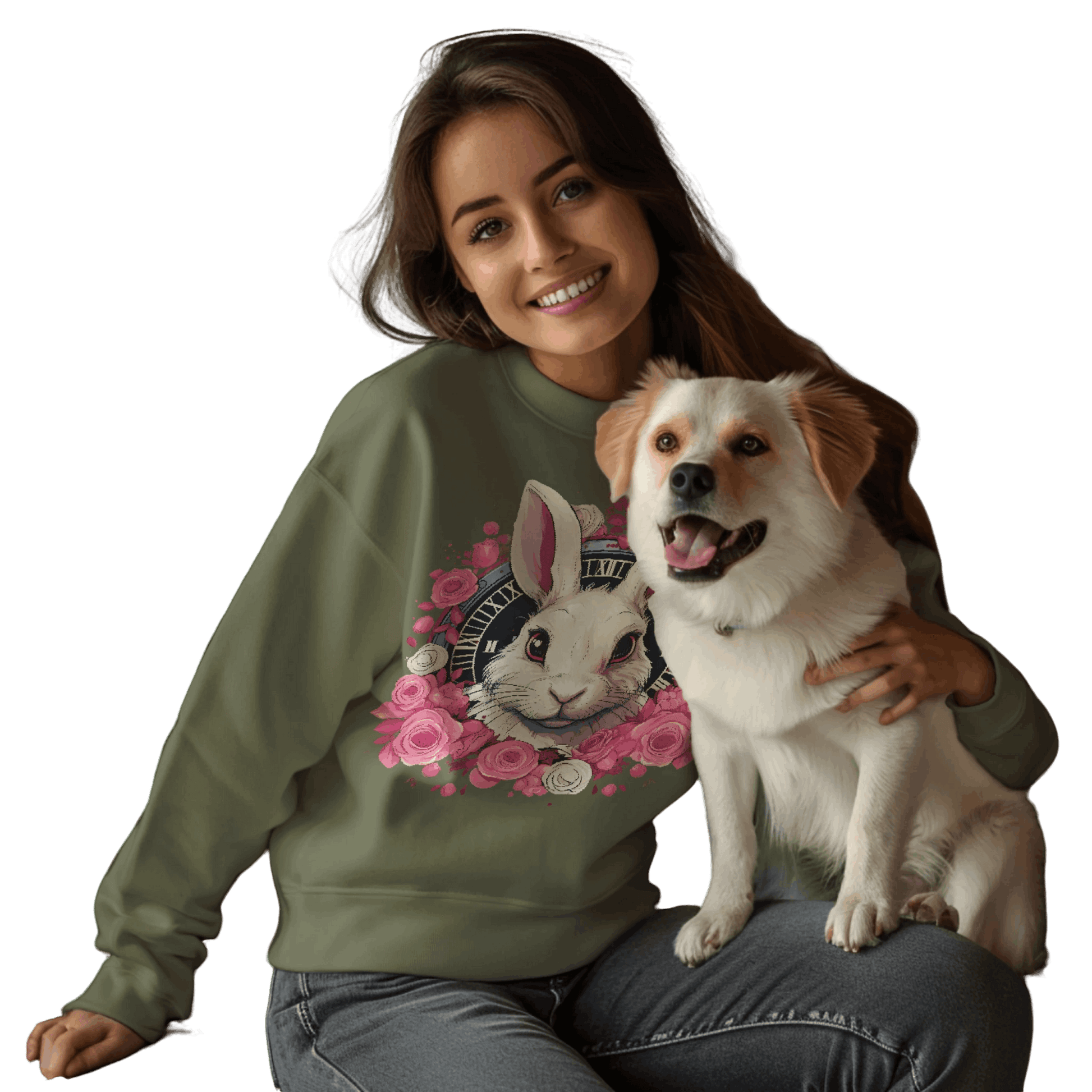 Whimsical White Rabbit Sweatshirt for Fantasy Lovers Military Green