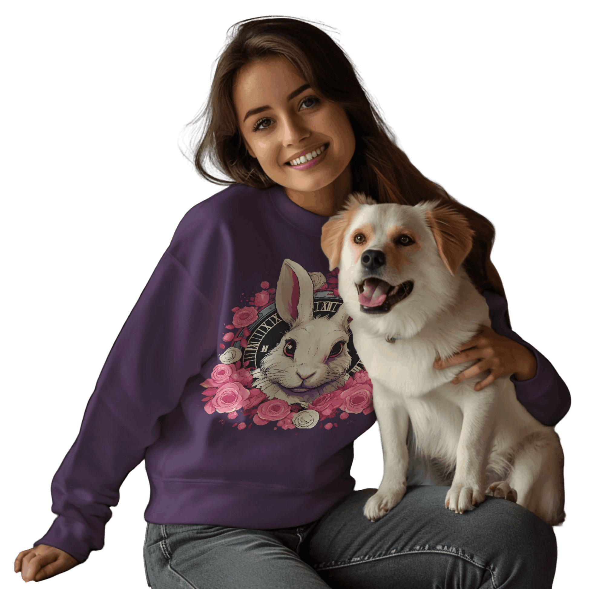 Whimsical White Rabbit Sweatshirt for Fantasy Lovers Purple