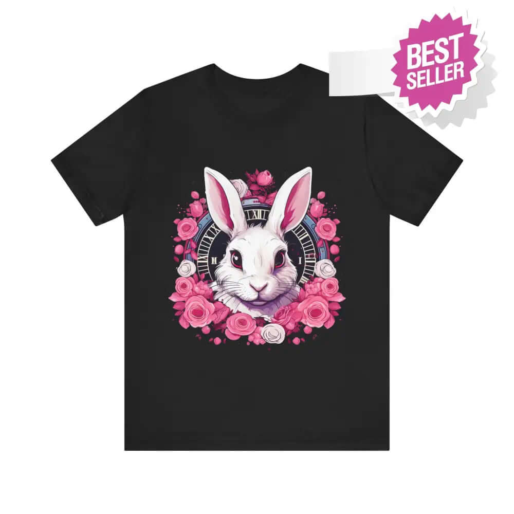 Whimsical White Rabbit Tee with Floral Design and Clock Detail