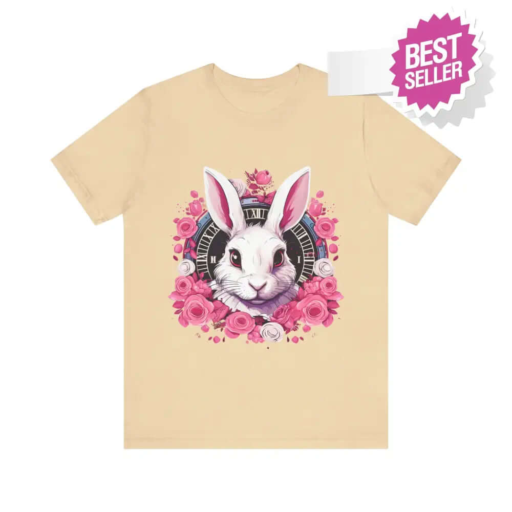 Whimsical White Rabbit Tee with Floral Design and Clock Detail