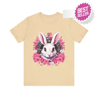 Thumbnail for Whimsical White Rabbit Tee with Floral Design and Clock Detail