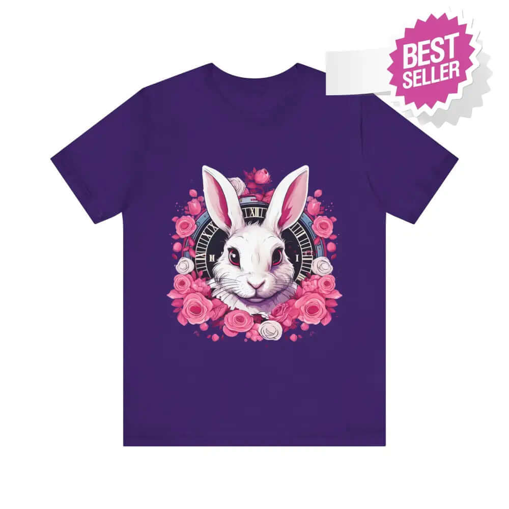 Whimsical White Rabbit Tee with Floral Design and Clock Detail