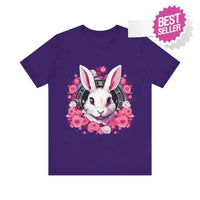 Thumbnail for Whimsical White Rabbit Tee with Floral Design and Clock Detail