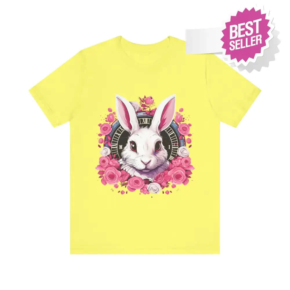 Whimsical White Rabbit Tee with Floral Design and Clock Detail