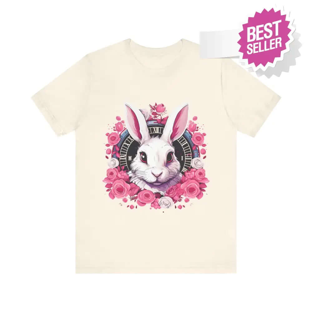 Whimsical White Rabbit Tee with Floral Design and Clock Detail