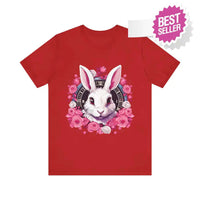 Thumbnail for Whimsical White Rabbit Tee with Floral Design and Clock Detail