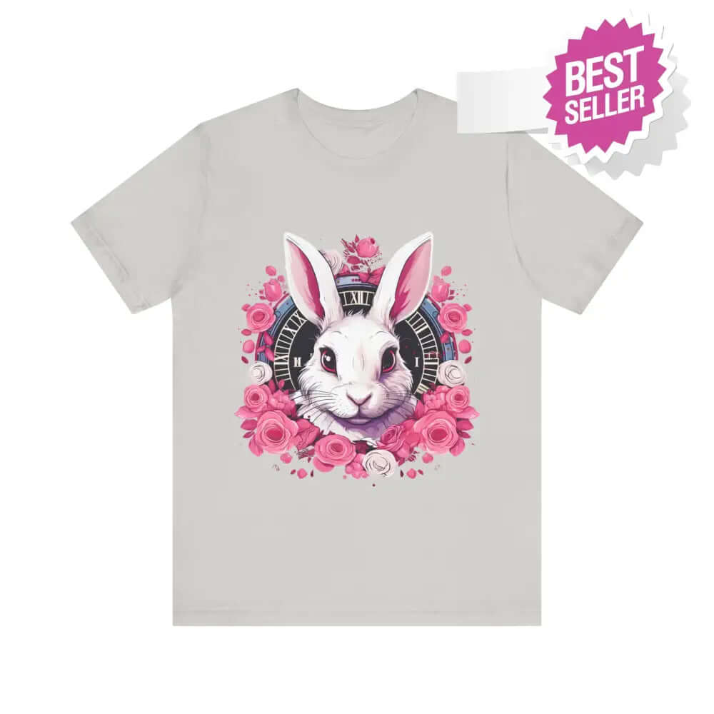 Whimsical White Rabbit Tee with Floral Design and Clock Detail