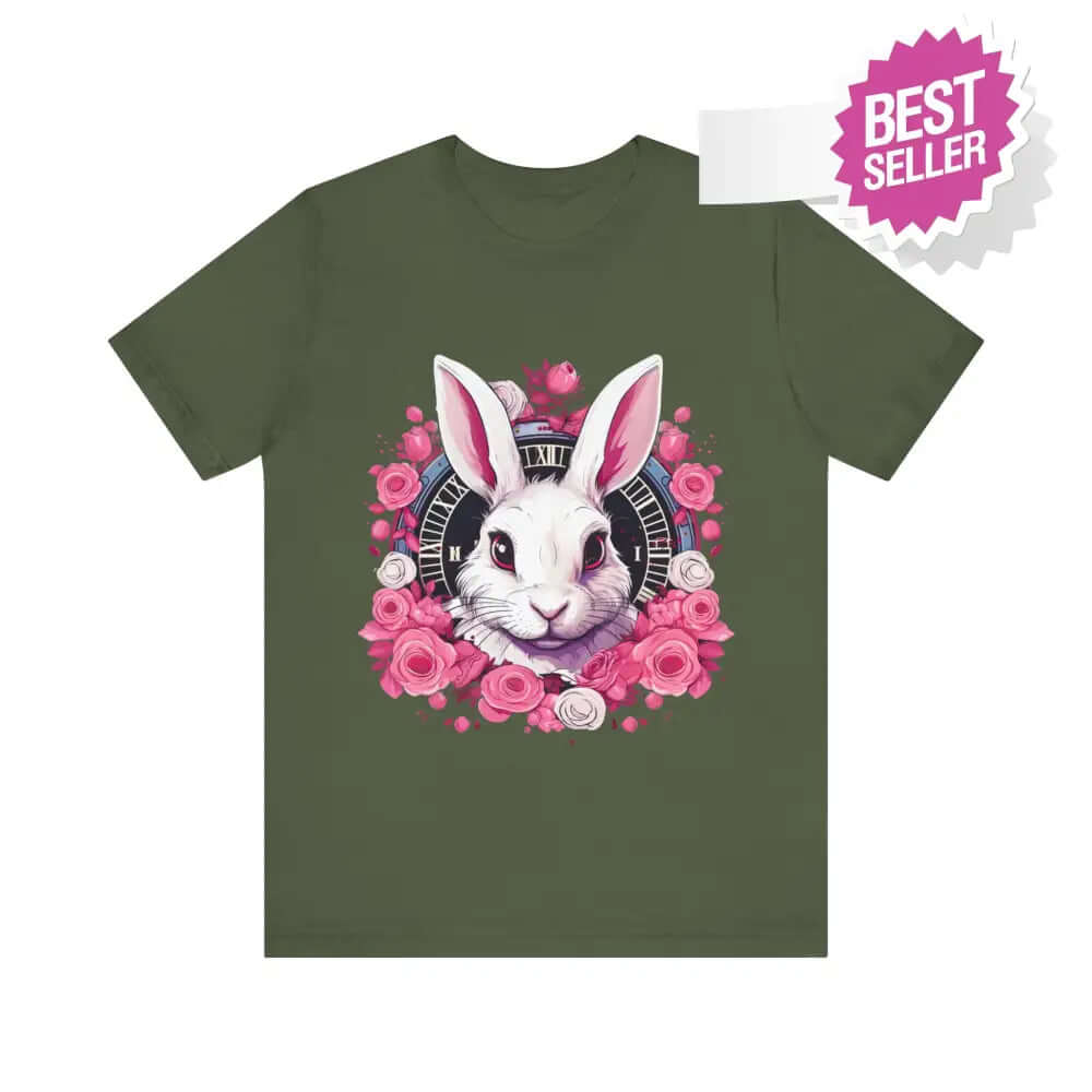 Whimsical White Rabbit Tee with Floral Design and Clock Detail