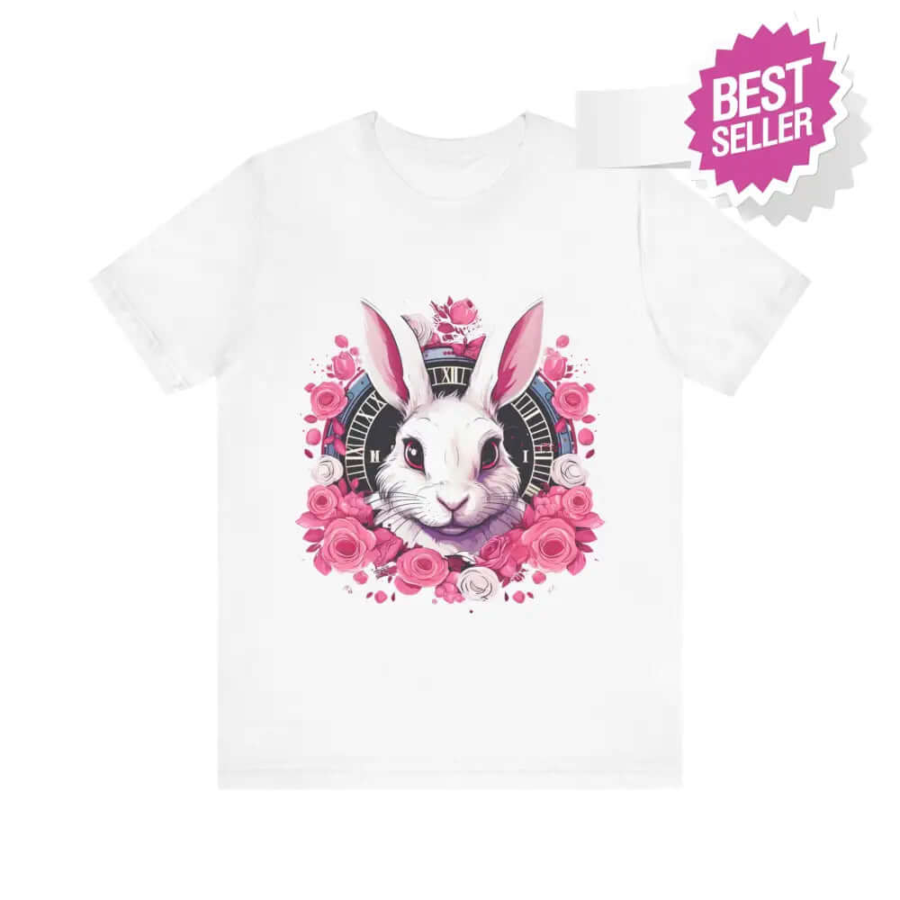 Whimsical White Rabbit Tee with Floral Design and Clock Detail