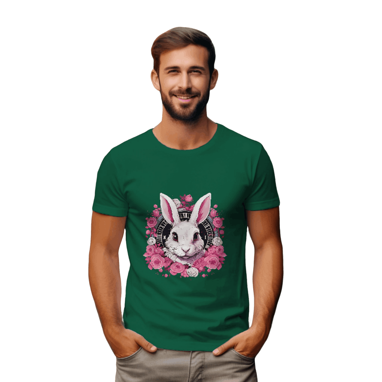 Whimsical White Rabbit Tee with Floral Design and Clock Detail