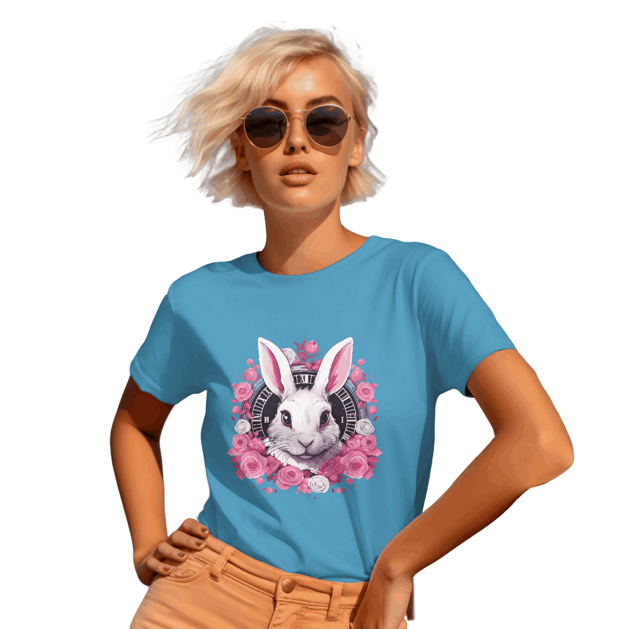 Whimsical White Rabbit Tee with Floral Design and Clock Detail Aqua