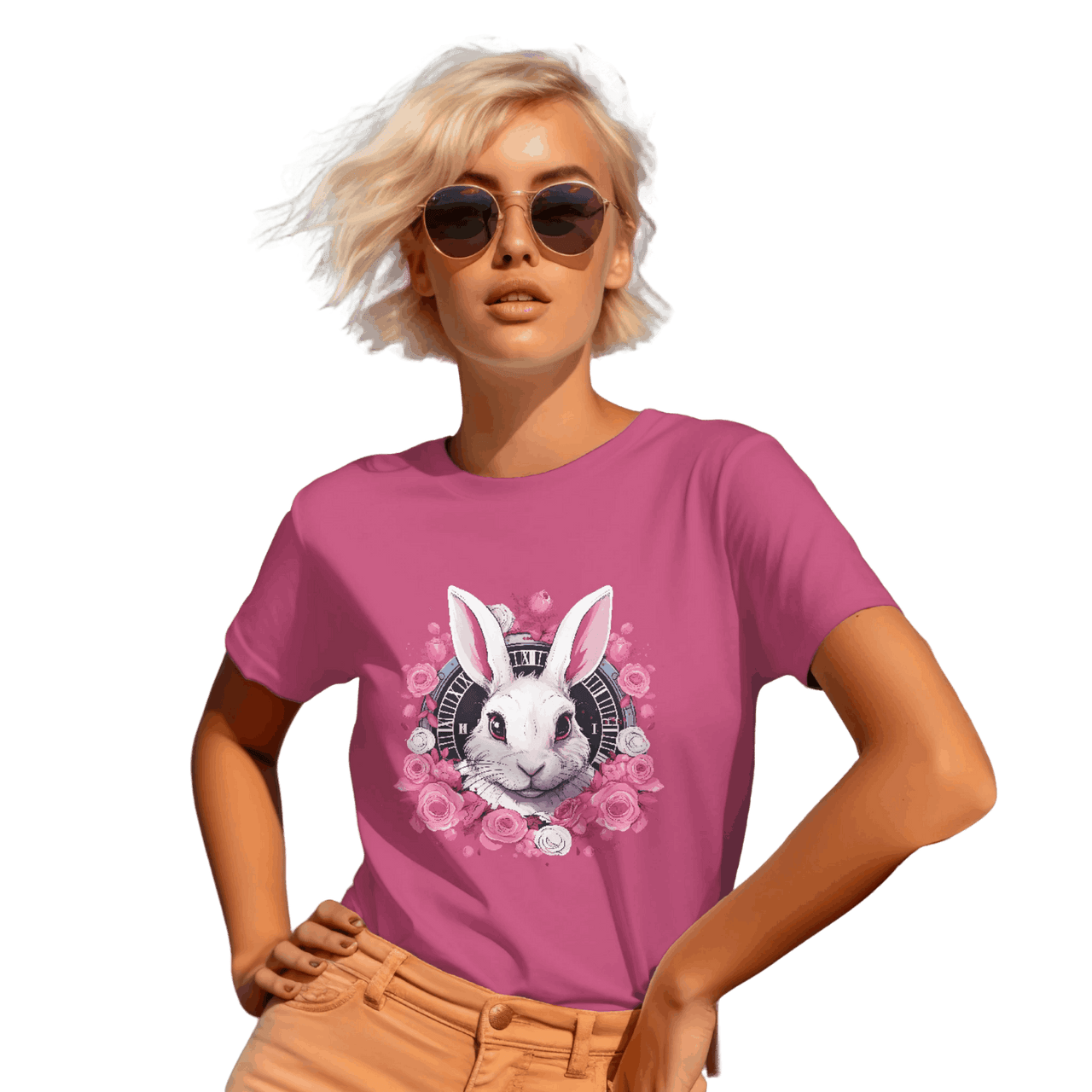 Whimsical White Rabbit Tee with Floral Design and Clock Detail Berry