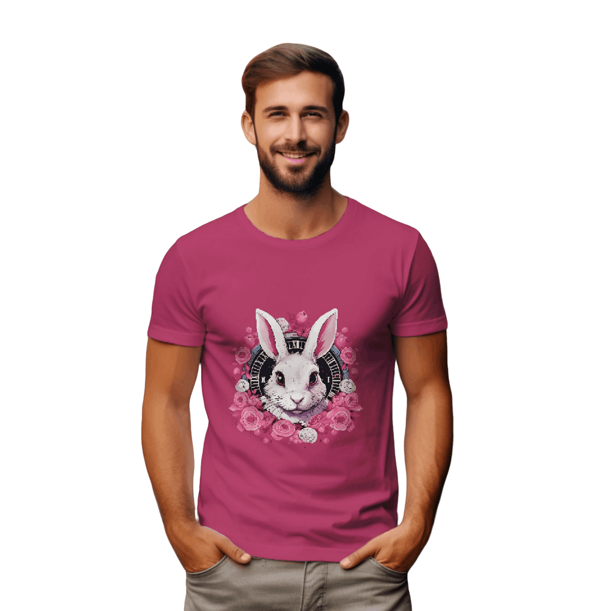 Whimsical White Rabbit Tee with Floral Design and Clock Detail