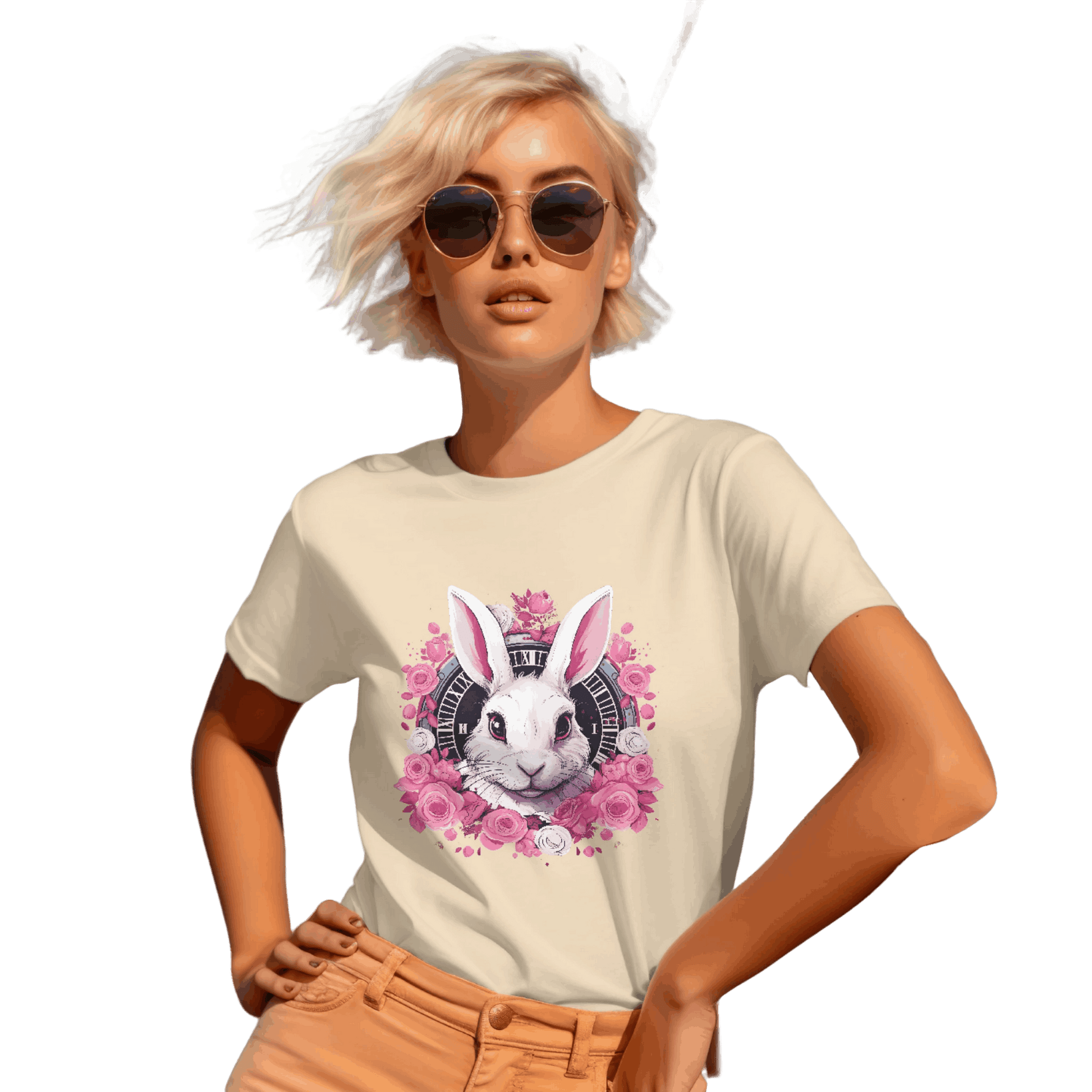 Whimsical White Rabbit Tee with Floral Design and Clock Detail Soft Cream