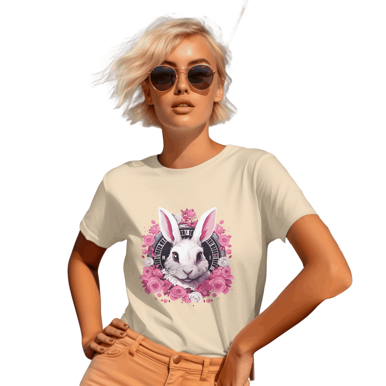 Whimsical White Rabbit Tee with Floral Design and Clock Detail Soft Cream