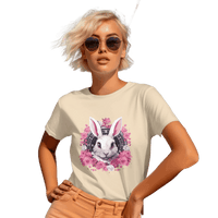 Thumbnail for Whimsical White Rabbit Tee with Floral Design and Clock Detail Soft Cream