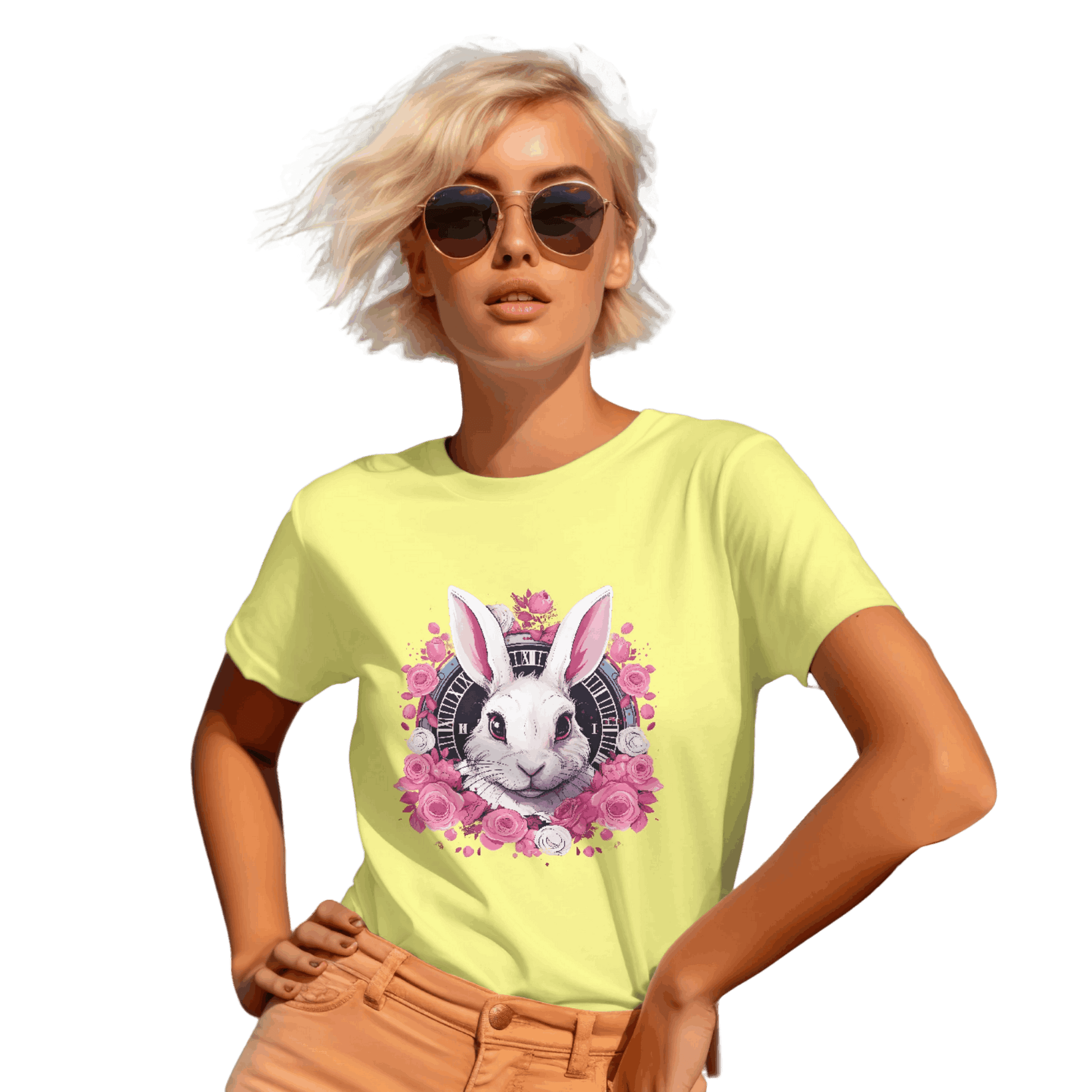 Whimsical White Rabbit Tee with Floral Design and Clock Detail Yellow